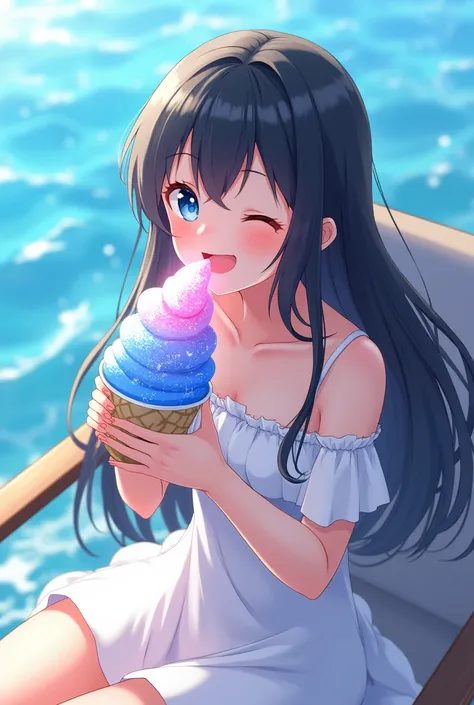 One girl, solo, Long Hair, blue eyes, Black Hair, Open your mouth, Eating shaved ice、Eating with a spoon、Wearing a white dress、Sitting in a chair、There is the sea、happiness/joy, Sparkling eyes, Sparkle Effect, Reflected Light, anime, 