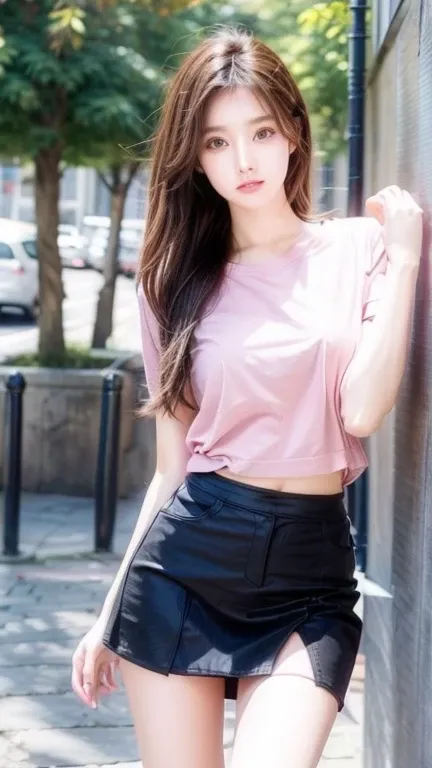 beautiful young,, pink shirt, a black miniskirt that&#39;s too short, dark colored tights, high balance surreal, ,, small breast...