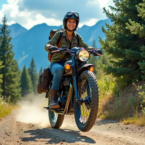 A fearless and adventurous woman with short dark hair, wearing a vintage helmet, gloves, goggles and a military jacket over worn jeans and boots, expertly navigates a steep and winding forest road on a vintage trail bike, fully loaded with her travel gear....