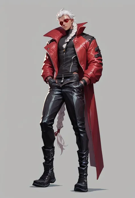 human male ,clear skin , round red sunglasses , white hair,long braided ,zip red coat  , black gloves  , black boots , full body...