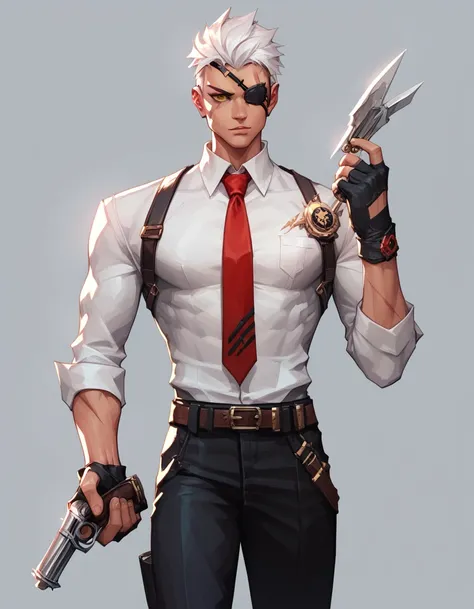 human male assassin , white hair ,yellow eye ,eye patch, white shirt ,red tie  ,scar on eye , holding a revolver