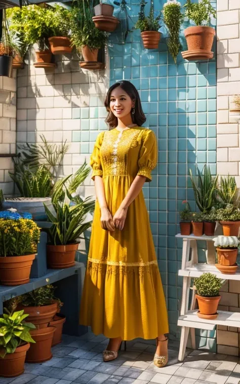 A Malay woman wearing a long mustard colored dress with intricate white lace details on the sleeves and hem. He views in front of a tiled wall with potted plants visible in the background masterpiece, best quality, (Highly detailed 8k unity CG wallpaper), ...