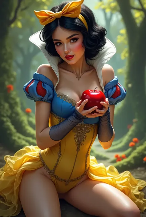 Snow White character (Disney), lingerie, stockings and long transparent blue and yellow gloves, sensual pose, hair with ribbon like the cartoon holding an apple in the forest, bright colors, realistic drawing