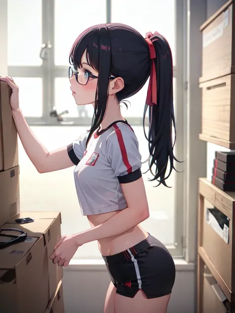 masterpiece, best quality, highly detailed, ultra detailed, high resolution, absurdres, 4K,

slim long hair -　Black Hair　Glasses　
small breasts
embarrassed,blush
bare breasts 
gym uniform　 Black shorts standing,from side
gangbang,3boys
grabbing another’s b...