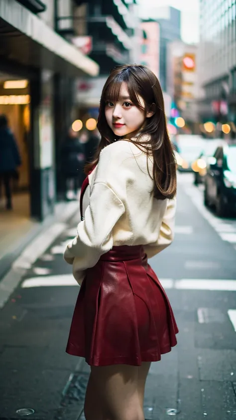 High resolution,masterpiece,Best Quality,Very detailed,Viewer discretion advised,One girl,city, street,Put your arms behind your back, Black Skirt, Red coat, Eye focus,