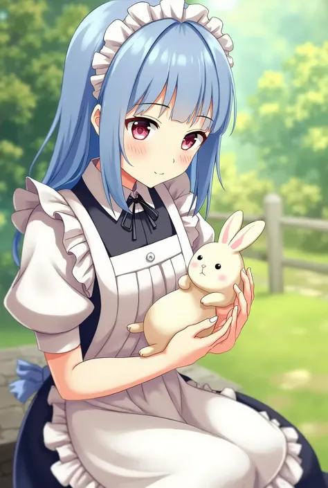 the character rem of rezero (have blue hair) petting a cute little bunny