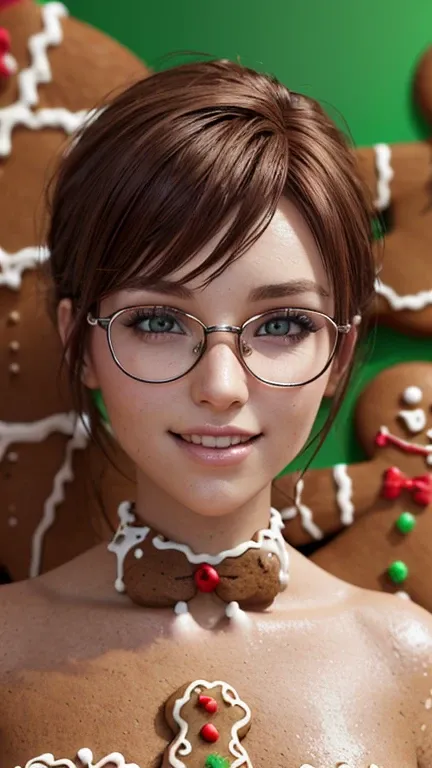 portrait, close-up, upper body. Short, red hair, Green eyes, glasses with metal frames, green bra, cheerful smile, happy girl . (masterpiece, top quality, best quality, official art, beautiful and aesthetically pleasing:1.2), extremely detailed,(fractal ar...