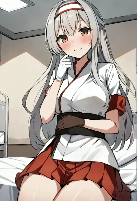 score_9, score_8_up, score_7_up, source_anime, shoukaku, long hair, brown eyes, white hair, grey hair, hairband, headband, shoukaku (kancolle), skirt, gloves, japanese clothes, muneate, red skirt, pleated skirt,, hospital room, bedside, get well flowers, c...