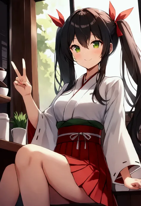 score_9, score_8_up, score_7_up, source_anime, zuikaku, long hair, ribbon, twintails, green eyes, hair ribbon, zuikaku (kancolle), skirt, japanese clothes, muneate, red skirt, pleated skirt,, cafe, coffee cup, barista, sitting down, talking, relaxing, sunl...