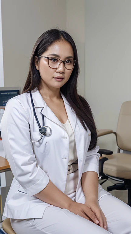 Indonesian woman,((40 years old)), doctor, beautiful face, white skin, doctor suit, stethoscope, pants, curvy body, soft smile, sweet face, eyesglass, hospital, sit on chair at hospital