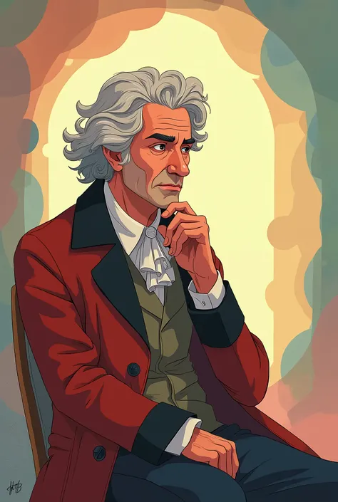 2d illustration of Jean Jacques Rousseau. Full Body. Color. Philosopher. 2d animation. 2d drawing. studio ghibli. thinking pose. wondering. pondering
