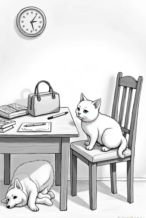 A pen, a bag, a book, on a table
A cat on a chair 
A clock on a wall
A dog under the table 

Back and white image 