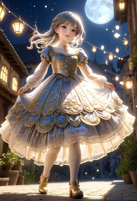 (Highly detailed CG Octane render 8k wallpaper), The most beautiful works of art in the world, Full body shot from below, Complex, high detail, ８Year old girl, Gold and silver embroidery, Medieval Long Dress（With panniers）, Crystal clear fabric, Pull up yo...