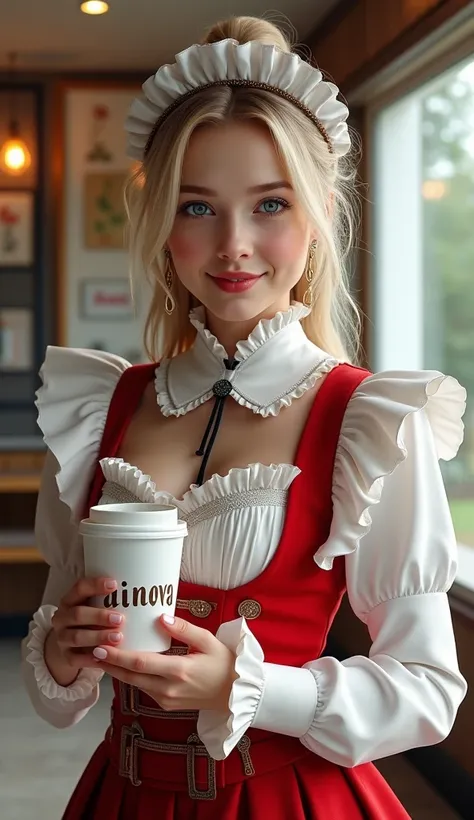 (masterpiece:1.2, Best Quality), Professional photorealistic images, Realistic beautiful photos, 8k, (Natural side lighting, Cinema Lighting), Cute Russian Girl、Full Body Shot:1.5, Blonde ponytail、Big Blue Eyes、Large Breasts、Cute Smile、White and red gothic...