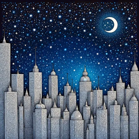 (zentangle style painting:cityscape with moon and stars in the night sky)