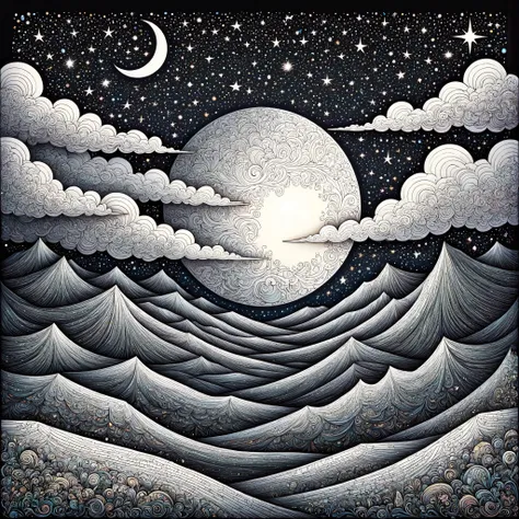 (masterpiece, best quality:1.2),zentangle style painting, landscape, night sky, full moon, crescent moon, stars, celestial, natu...