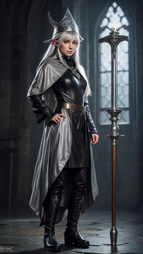 medieval setting, full view of body, 1 female elf mage,beatiful smokey eyes, silver hair, black mage robe with gambeson, wizard hat, leather boots