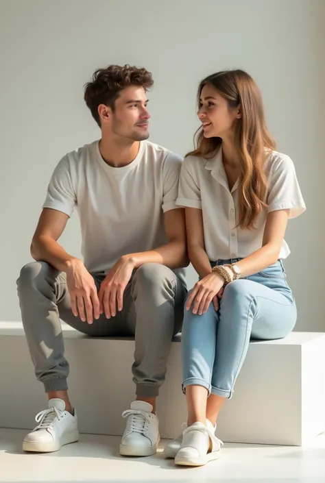 Create an image of a male and female model, both around 18 to 20, sitting side by side in a clean, minimalist setting. The male is dressed in casual joggers, a fitted t-shirt, and sneakers, while the female wears a casual button-up shirt, high-waisted jean...