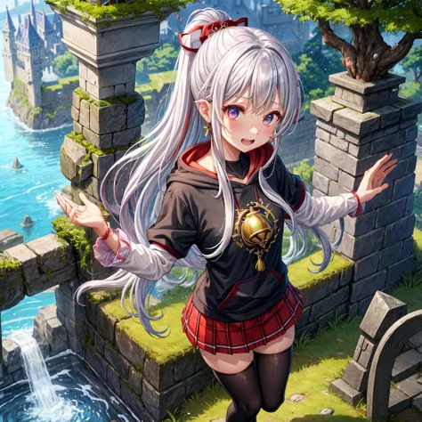 Rainbow red and silver hair、Rainbow Eyes、Wavy Hair、Hair tied up、Two cute、Checked mini skirt、Black T-shirt、Long sleeve、Wearing a hood、Black knee-high socks、Teeth are visible、Monster Castle、Tilting face、lawn、In front of the city gates、The stone is cracked、Un...