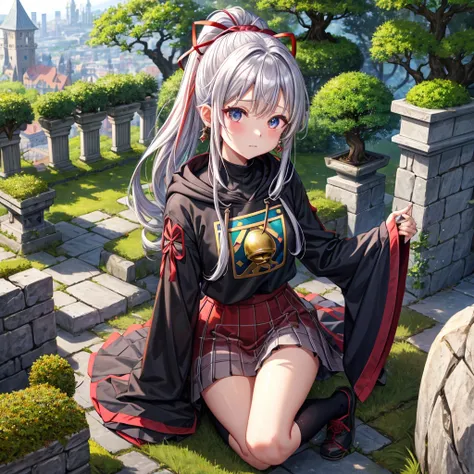 Rainbow red and silver hair、Rainbow Eyes、Wavy Hair、Hair tied up、Two cute、Checked mini skirt、Black T-shirt、Long sleeve、Wearing a hood、Black knee-high socks、Teeth are visible、Monster Castle、Tilting face、lawn、In front of the city gates、The stone is cracked、Un...