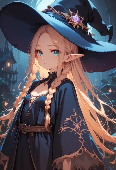 score_9, score_8_up, score_7_up, source_anime, beautiful, upper body, Perfect Eyes, Perfect Face, Perfect lighting, 1 girl, Elf, Slender, (tiny height:1.3), Long Braids Hair, witch, Robe, Pointed Hat, sliver Hair, small Breasts