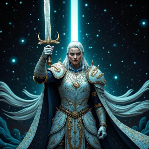 a paladin holding a shining sword high in the air, paladin wearing a white armor with intricate patterns, flash, dark background...