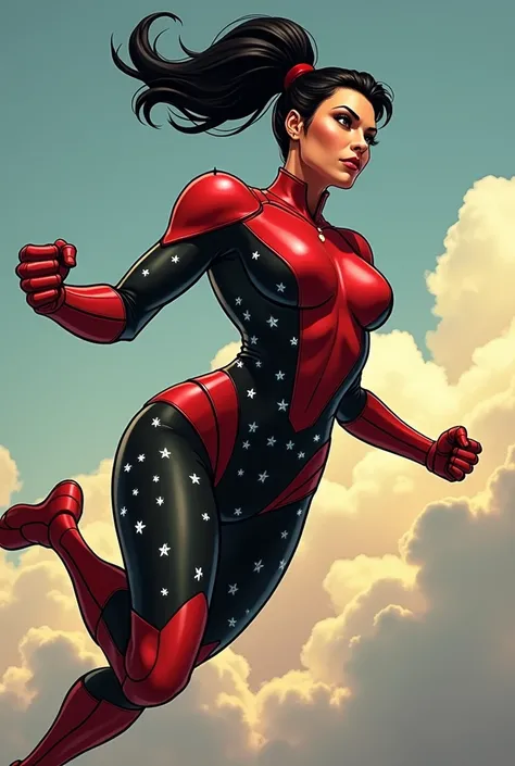 In a graphic novel style, illustrate a powerful superheroine wearing a sleek red outfit adorned with a black and white star-field on her midsection, inner thighs and under her arms. The white stars vary in size and densely cover her midriff, belly, hips, a...