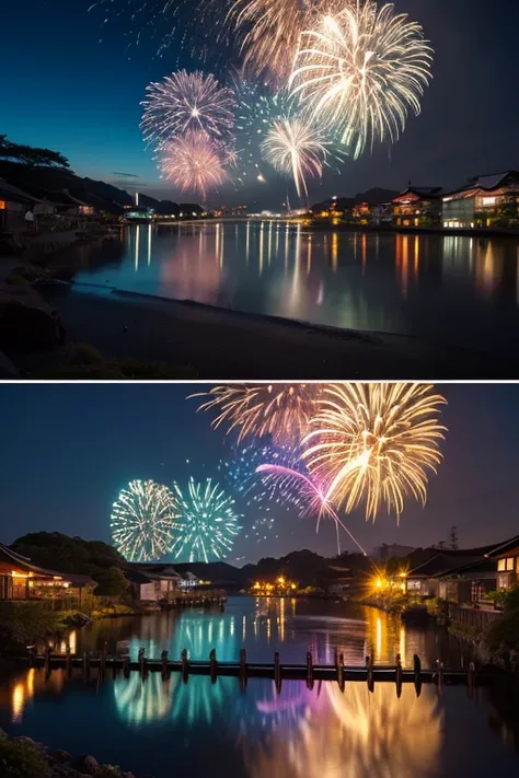 firework，Great impact，Solemn，日本のfirework，Night Sky，photograph，Surreal，detailed，１０Chiyu５t，連発firework，Miracle moment SHOT，Light Fantasy，Side by side，空一面に連発firework，全て金色firework，Realistic landscape，Ultra-detailed image quality，日本のRealistic landscape，１tの風景，１枚の...