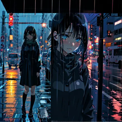 sad anime girl with black hair and blue eyes crying in the night rain in the city. ai generated