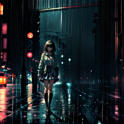 sad anime girl with black hair and blue eyes crying in the night rain in the city