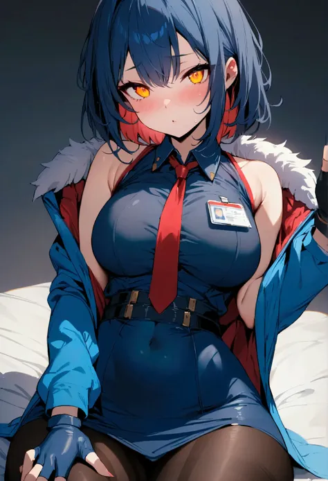 NSFW,masterpiece,Best Quality,High resolution,Very detailed,One girl,Collared shirt、Sleeveless、High Waist Skirt、pantyhose、Blue jacket、Fur trim、Fingerless gloves、ID card、Red eyes、Yellow Eyes