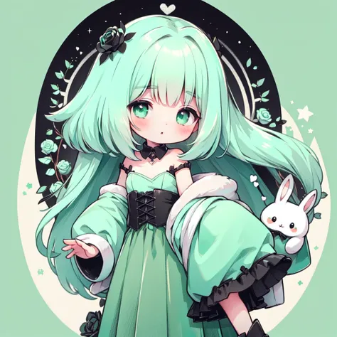 Handsome face、Chibi、Mint Green Background、Black clothes、Long sleeves with flared cuffs、Shoulders are exposed、One-piece flared skirt、A rabbit holding a stuffed toy in one hand、Black and mint green palette、Gothic Shoes、Front facing、Black Rose、🌙、Perfect Anato...