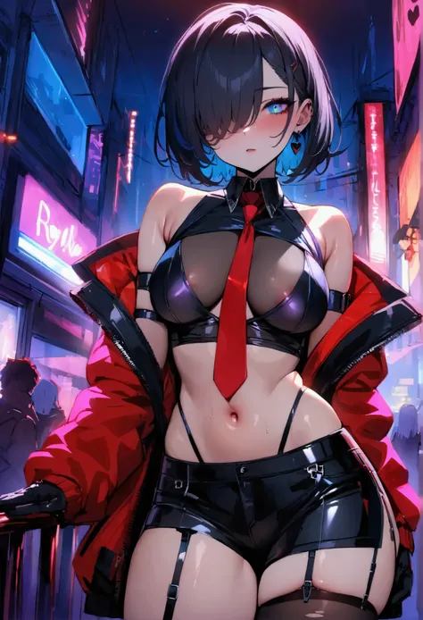 NSFW,masterpiece,Best Quality,High resolution,Very detailed,One Girl,Heterochromia iridis、Short Hair、Hair covering one eye、Sleeveless shirt、Crop top、Red tie、Arm strap、Black shorts、High leg、Black gloves、Garter Straps、Torn knee socks、jacket,Nightlife,Cyberpu...