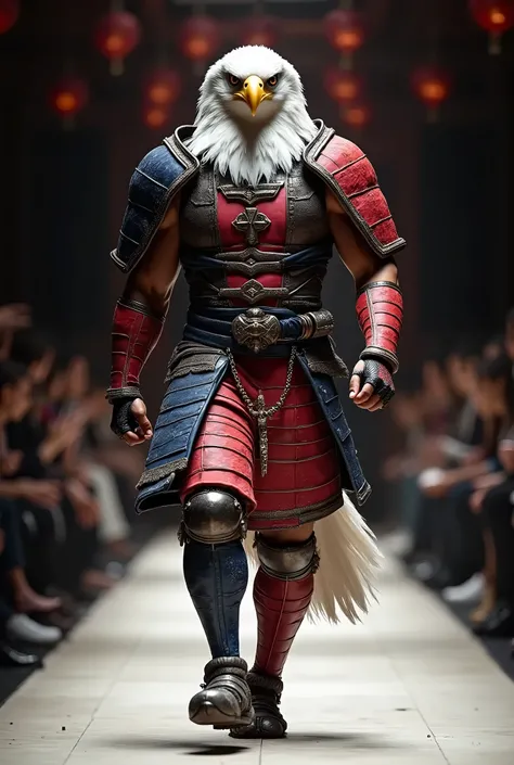 Create a detailed, photorealistic image of an anthropomorphic WHITE-HEADED EAGLE walking down a fashion runway in an oriental setting. The camera zooms out to provide a full-body frontal view of the character. The WHITE-HEADED EAGLE TIGER is dressed in a m...