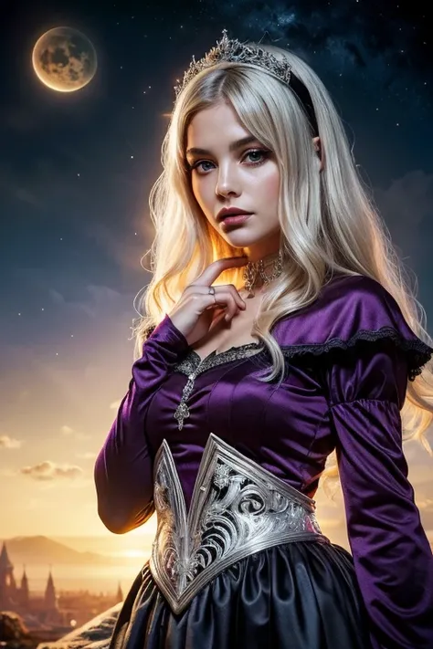 ethereal fantasy concept art, (((medium full shot))), (best quality, ultra-detailed:1.3), (nice hands, perfect hands), official art, cinematic light, (1girl:1.3), adulthot girl, silver hair, Purple eyes, long hair, Lolita, lace dress with ruffles, ((Middle...