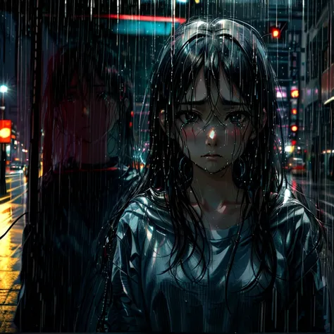 30 year old woman, lost look, long hair, sad anime girl with black hair and brown eyes crying in the night rain in the city