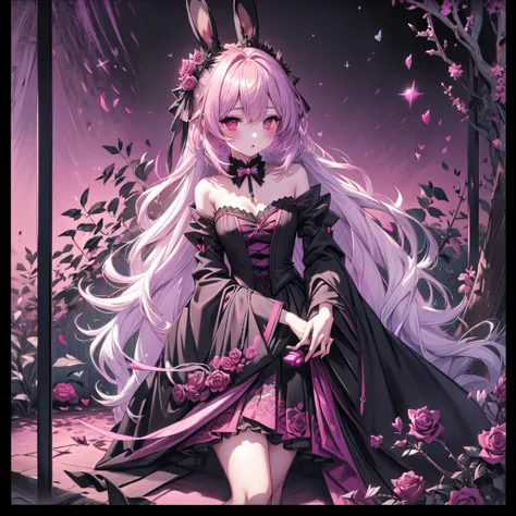 Handsome face、Chibi、Magenta Background、Black clothes、Long sleeves with flared cuffs、Shoulders are exposed、One-piece flared skirt、A rabbit holding a stuffed toy in one hand、Black and magenta palette、Gothic Shoes、Front facing、Black Rose、🌙、Perfect Anatomy、hea...