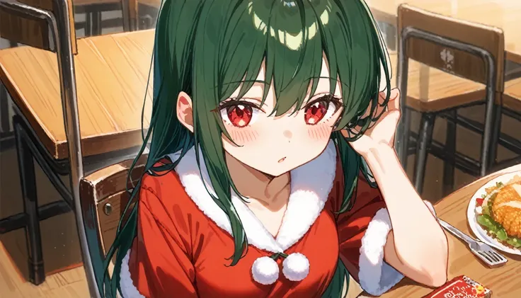 ((Her Appearance: Thin line outline＿Perfect Face＿dynamic_肩までのhair_Bobcut＿(Dark Green)hair＿Shiny((red))eye＿Normal chest、chairに座って＿Look at the smartphone screen＿eyeを丸くして驚いている))、No hat＿Miniskirt Santa outfit、（Restaurant＿chair＿machine）