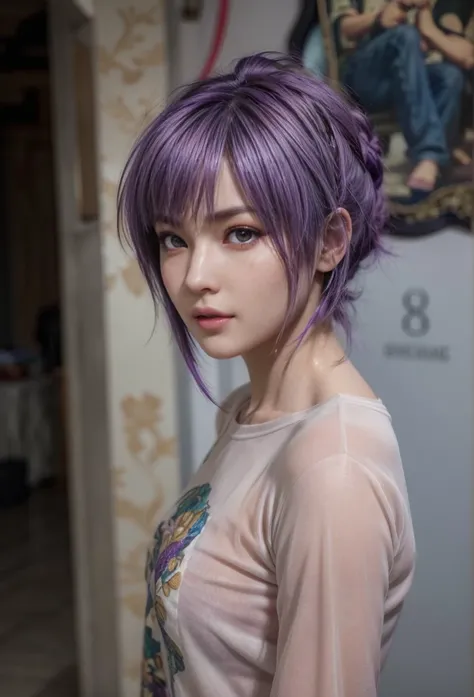 Ayane, purple hair, (best quality, ultra-detailed), (realistic:1.37), beautiful and detailed face, ultra-realistic texture, delicate face, delicate body, red lipstick, long-lasting colors. high definition, 8K. expression with a sexy look