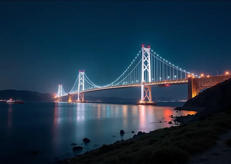 A huge suspension bridge spanning the strait、Illuminated white bridge at night、White and red light trails from ships、You can also see the stars、Panoramic Photos、Shooting with a wide-angle lens、Long Exposure、Spectacular views、Beautiful and magnificent lands...