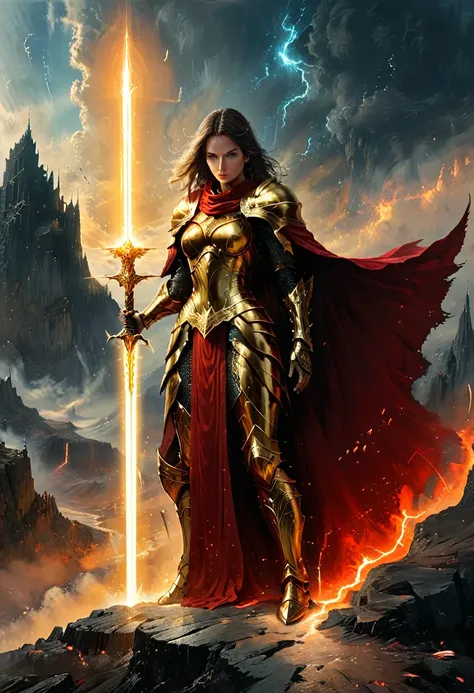 1 female paladin，Standing on the edge of a cliff，Gold Armor，Huge glowing energy sword，Fluttering cloak，Hell Scene, From the book by Dante Alighieri, Gustav Golden Style, 4K, Detailed.