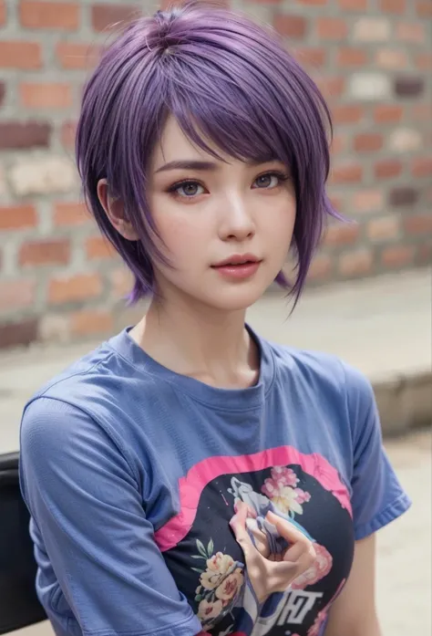 Ayane, purple hair, (best quality, ultra-detailed), (realistic:1.37), beautiful and detailed face, ultra-realistic texture, delicate face, delicate body, red lipstick, long-lasting colors. high definition, 8K. expression with a sexy look