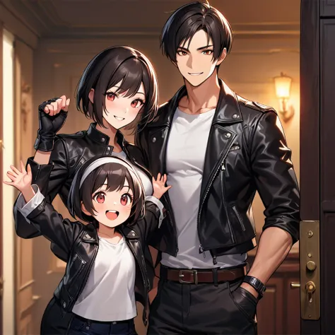 Masterpiece, Super Hi-Res, Perfect Anatomy, (Fidelity: 1.4), smiling, short cut boy, 2 man and woman and  girl, black hair, short cut, sallow skin, red eyes, man and woman in (black leather jacket with rolled up arms), fingerless gloves, black hair, short ...