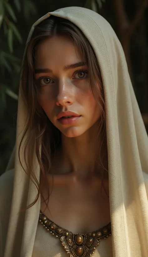 ((Realistic)), Cinematic shots, movie theatre, Reference Photo, 最high quality, high quality, (Detailed face and eyes:1.1), Beautiful Virgin Mary, Shy expression, Simple clothing, In the ancient Jewish countryside, Black Eyes, Scattered beneath the surface,...