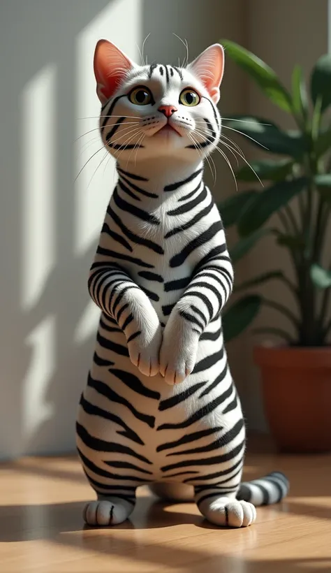 Cat standing on two legs。He&#39;s wearing a zebra costume.。room。Realistic photos。