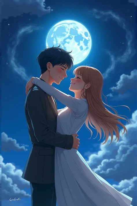 Young man and woman embracing each other in Laputa: Castle in the Sky、Full of happiness。The night clouds are surrounded by the moon 