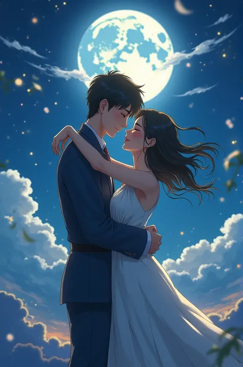 Young man and woman embracing each other in Laputa: Castle in the Sky、Full of happiness。The night clouds are surrounded by the moon 