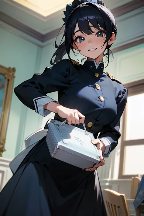 (Highest resolution clear_image) Best Quality, single, One Woman, Alone, A very exquisite masterpiece, Somewhat realistic, Black Hairのショートヘア, Black Hair, bangs, 1, Mature, light blue Uniform, Uniform, Indoor Background, kind, Authoritative, Powerful, Exqui...