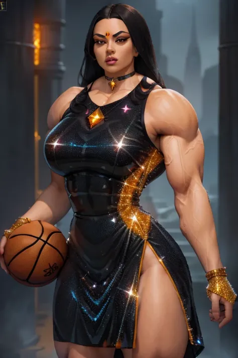 ((Close-up)), tall, (black hair) beautiful muscular woman, long straight hair, brown skinned, closed smile, (black lipstick), (massive muscles), (hyper muscle), ((ginormous bulky muscles)), orange eyes, ((((long sparkly black Crystalline basketball jersey ...