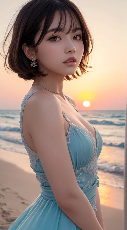 Mustepiece, top quality, illustration, ultra-definition, fine details, high resolution, 8K wallpaper, perfect dynamic composition, beautiful detailed eyes, wearing a dress, natural color lips, beach, random cute pose, perfect and beautiful face , cute, sex...